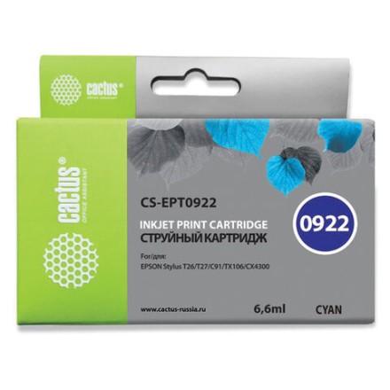 Картридж струйный CACTUS (CS-EPT0922) для EPSON Stylus C91/CX4300/T26/T27/TX106, голубой 